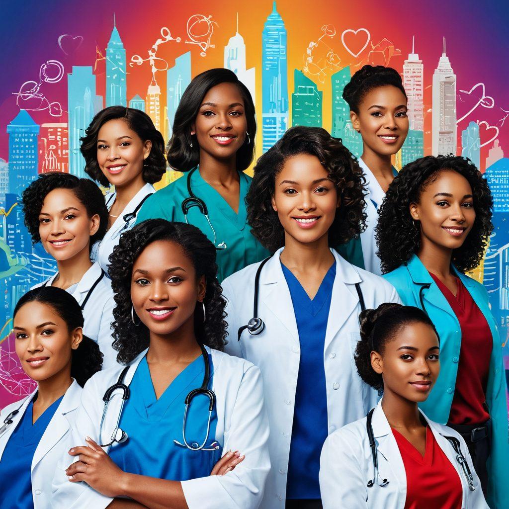 A diverse group of women in healthcare, confidently engaged in various roles such as doctors, nurses, researchers, and community leaders, surrounded by symbols of health like stethoscopes, medical charts, and heart icons. The backdrop features a city skyline and symbols of innovation like DNA strands and technology, representing the future of healthcare. Bright and empowering colors radiate strength and unity, capturing a sense of inspiration and leadership. super-realistic. vibrant colors. 3D.