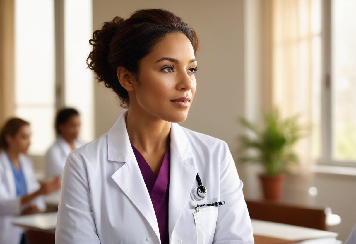 A female physician in a white coat confidently discussing healthcare insights with a diverse group of women in a warm, inviting clinic setting. The scene emphasizes collaboration and empowerment, showcasing charts and medical tools symbolizing knowledge and innovation. Soft natural lighting enhances the atmosphere, highlighting the strength and compassion of women in healthcare. Include subtle elements of nature in the background to symbolize growth and healing. vibrant colors. warm tones. super-realistic.