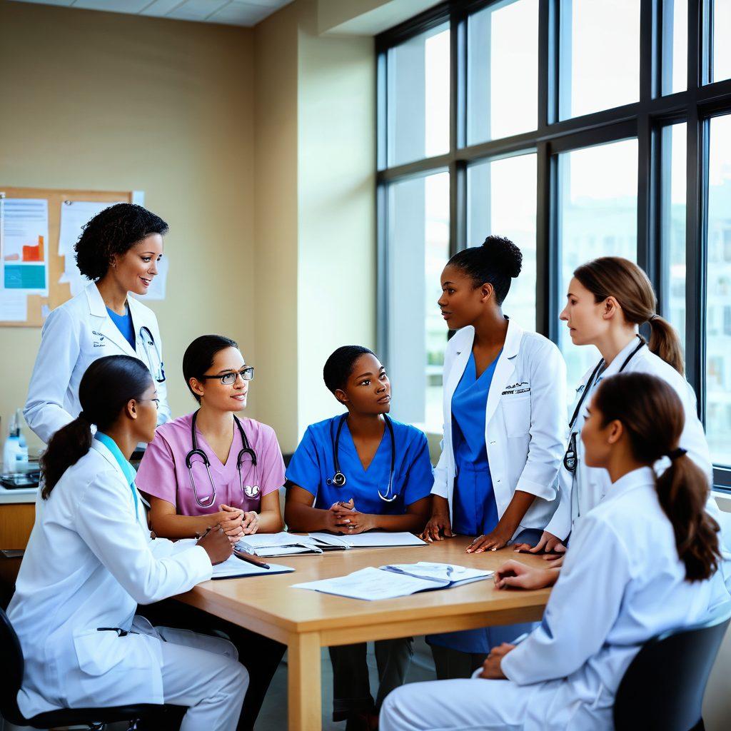 A powerful scene depicting a diverse group of female doctors collaborating in a modern clinic, surrounded by patients of varying ages. Highlight the doctors engaging in discussion, emphasizing empathy and care with stethoscopes, medical charts, and vibrant posters promoting women's health. Soft natural lighting filters through large windows, creating an inviting atmosphere. super-realistic. vibrant colors. warm tones.